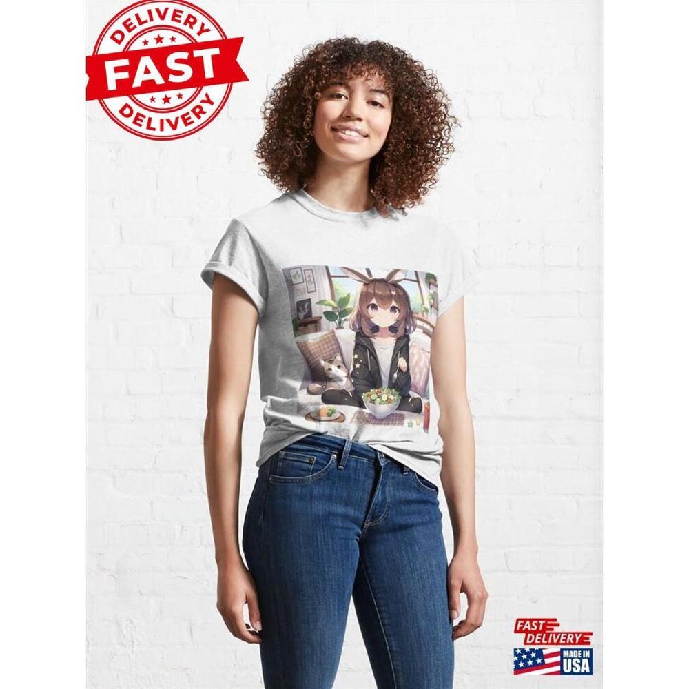Cute Anime Bunny Girl With Jacket Eating Salad Silvergoldvisionary T-Shirt - Picture 1 of 4
